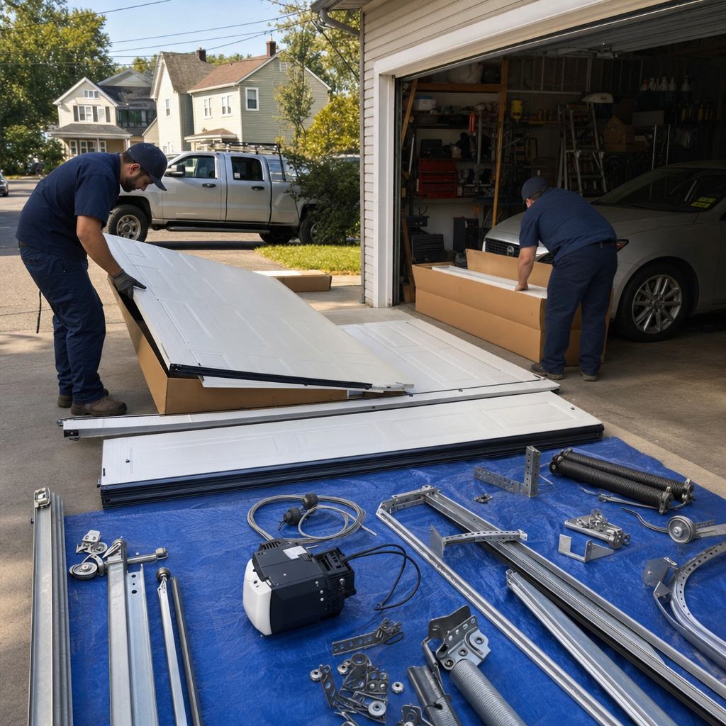 Two professional technicians installing a new residential garage door