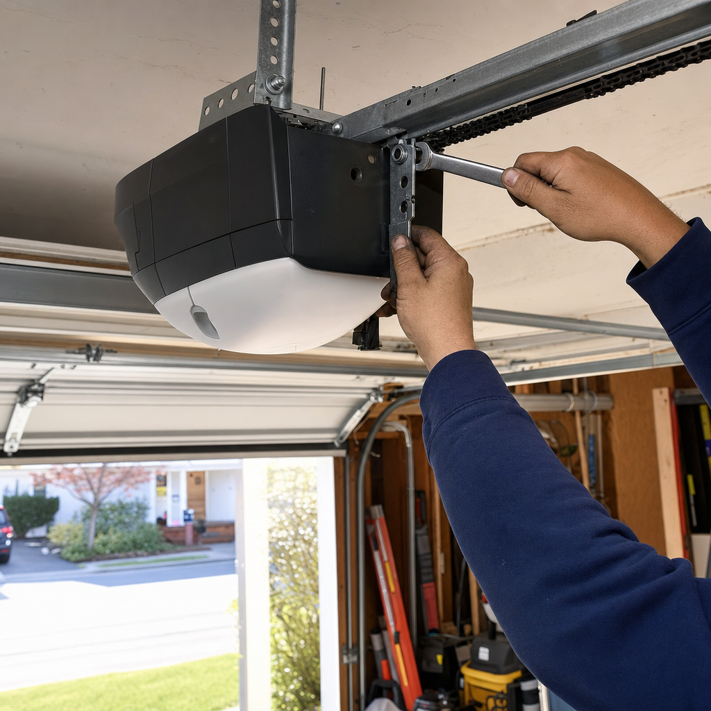 Technician using a wrench to repair a garage door opener unit
