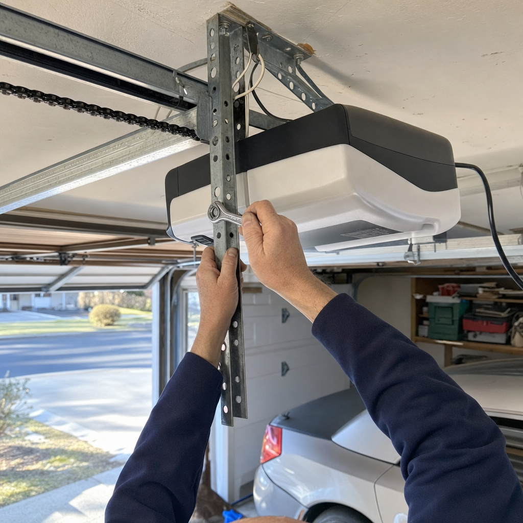 Technician adjusting garage door opener motor mounting hardware