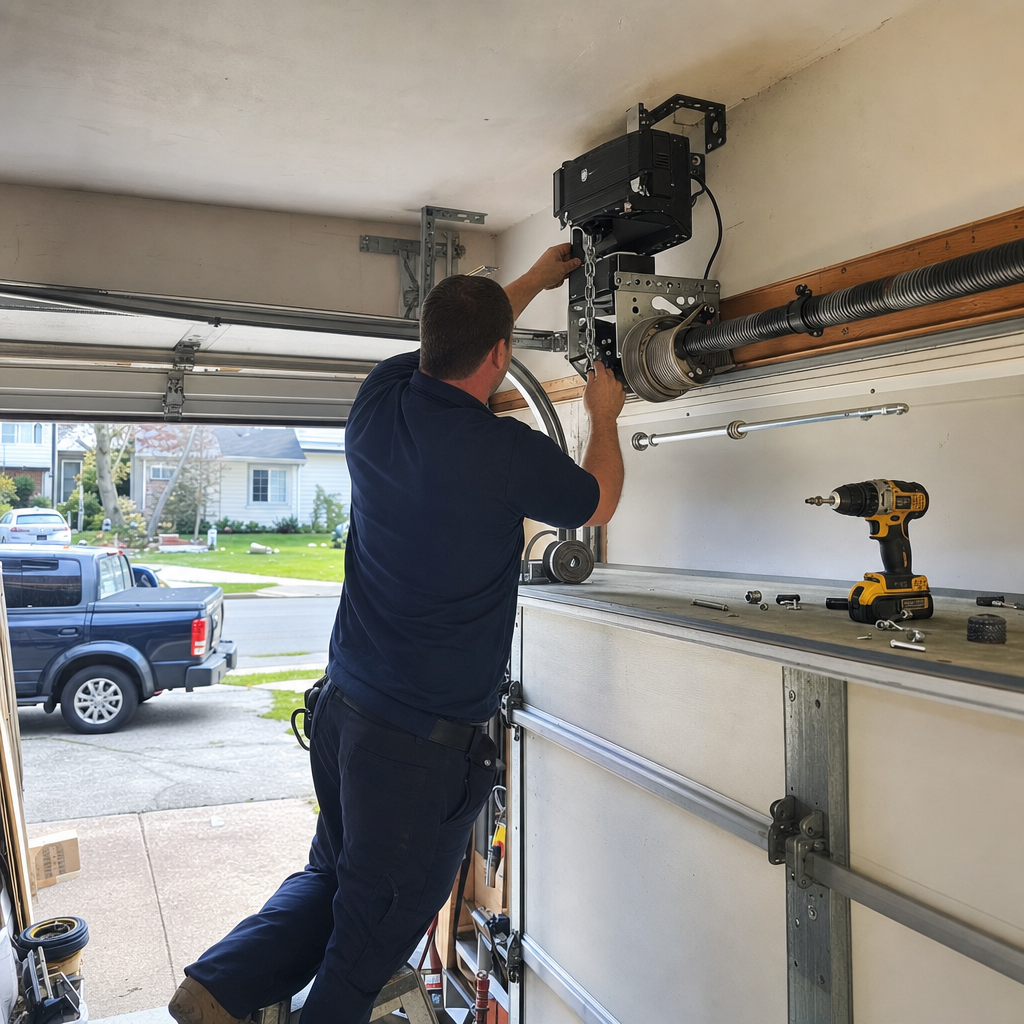 Professional technician installing a residential garage door opener system
