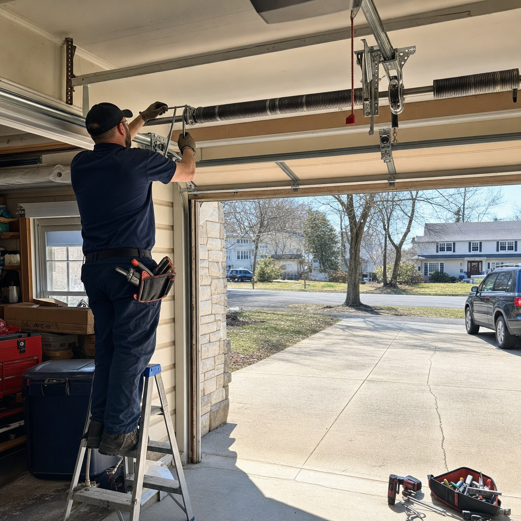 Professional garage door technician performing a spring repair on a residential door