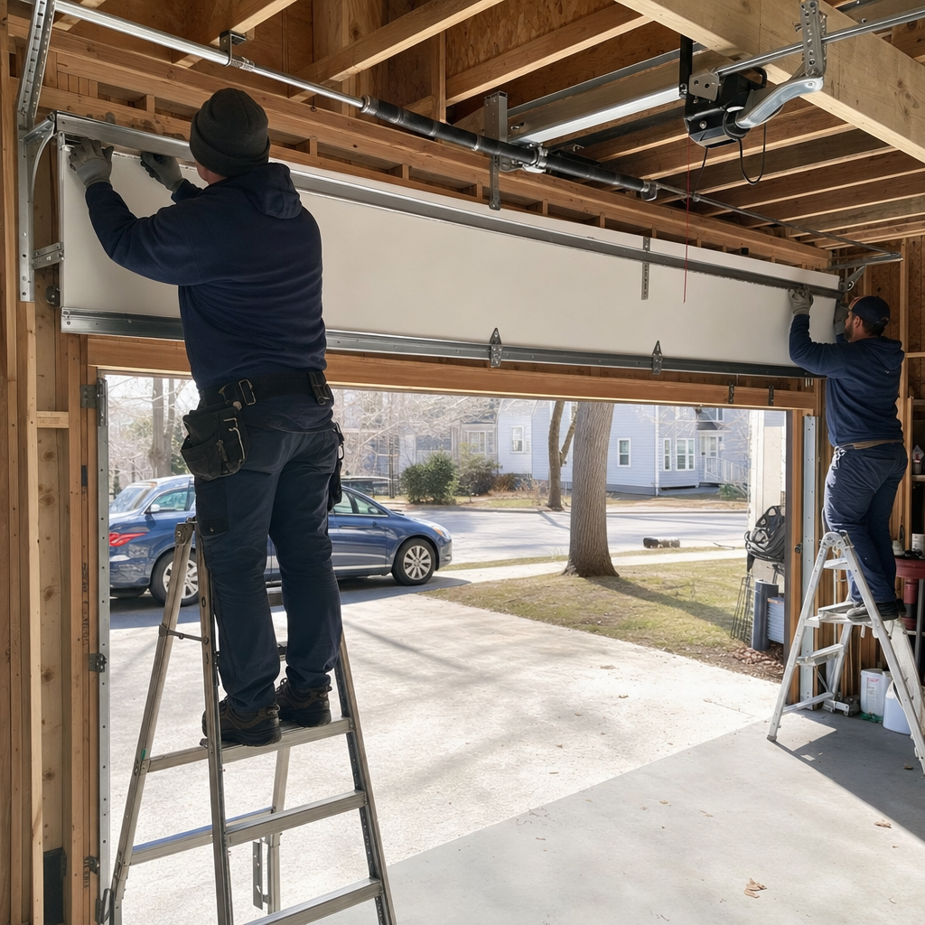 Two professional technicians installing a new sectional garage door in Springfield, MA