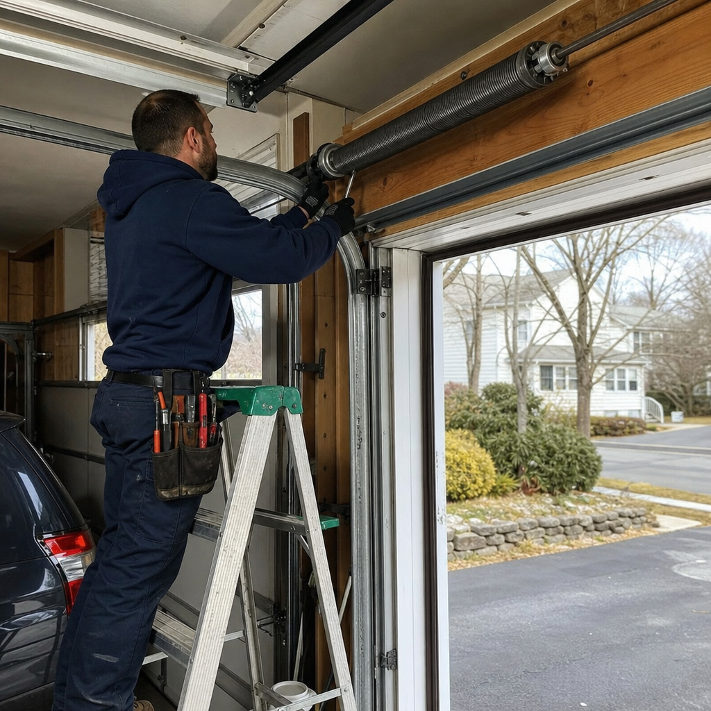 Technician performing garage door spring repair and maintenance in Hartford, CT