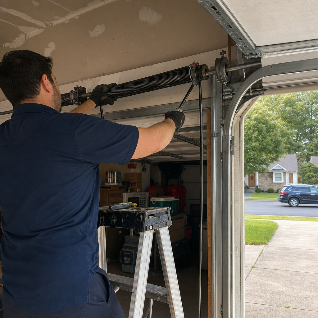Technician performing professional garage door spring maintenance and repair in Windham, CT