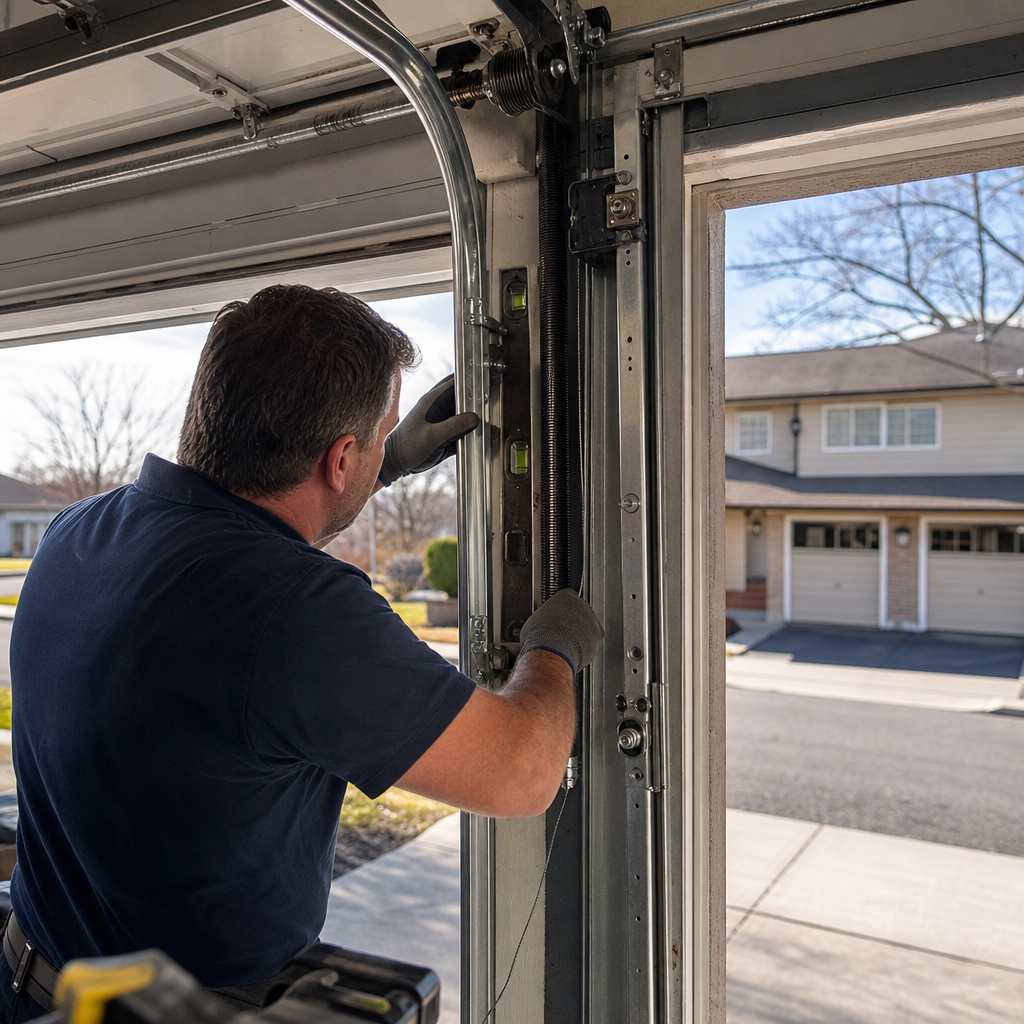 Technician performing professional garage door spring repair and maintenance in Hartford, CT